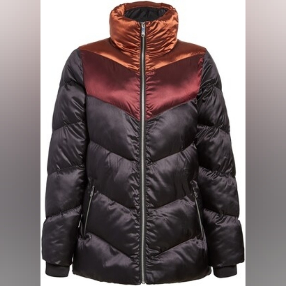Sam Edelman Metallic Black Copper and Burgundy Puffer Jacket Lg